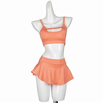 China Top& New Skirt Style Coral Nylon Matte Female Pole Fitness Set Sexy Ladies Mid High Waist Skirts Stage Dance Wear for sale