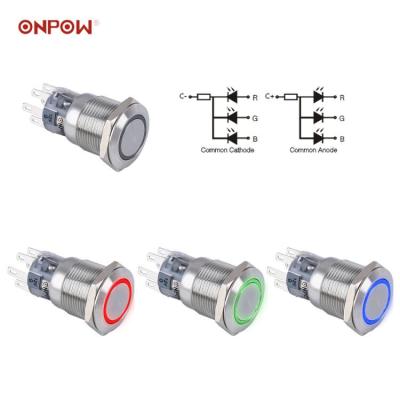 China ONPOW 19MM RGB LED Metal Stainless Steel Tri-color Illuminated Push Button Switch for sale