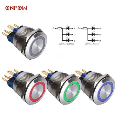 China Stainless Steel ONPOW 22mmRGB Large Tricolor LED Color Push Button GQ22-11E/RGB/S, Waterproof IP65, CE, RoHS) for sale