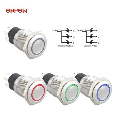 China Stainless/Chrome Plated ONPOW LED RGB Tricolor Brass Color Push Button Switch (GQ16-KF-11E/RGB/S, Waterproof IP65, CE, RoHS) for sale