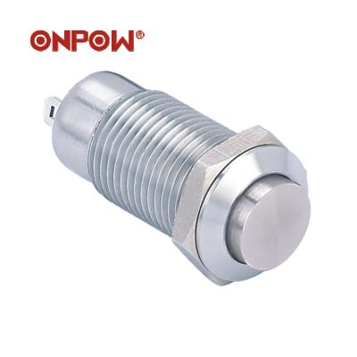 China ONPOW 12mm GQ12-CH-10Z/J/S Stainless Steel, Latching Push Button Switch, 2 Stainless Steel Pin Terminals for sale