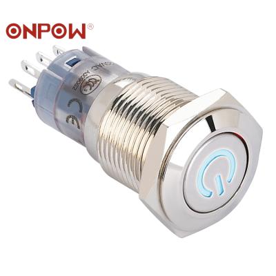 China Stainless (ONPOW 16mm Nickel Plated Brass Power Symbol Illuminated Stainless Steel Push Button Switch (LAS2-GQF-11DT/B/12V/S) (Diameter 16mm) (CE, CCC, ROHS, REECH) for sale