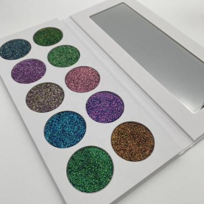 China Top 10 Waterproof Hot Sale Colors Waterproof Dye Chameleon Glitter Eyeshadow Palette Private Label Tray Mashed Glitter Pearl Chameleon Eyeshadow for sale