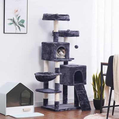 China Large Stocked 3-Level Lined Tower Bend Wooden Pet Cat House And Luxury Cat Tree For Cats for sale