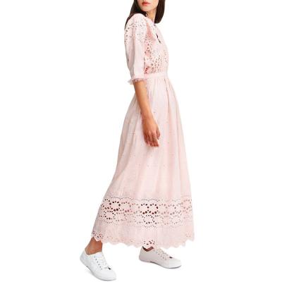 China 2021 Hot Selling Women's Anti-wrinkle Hollow Pattern Light Pink Fabric Ruffled Trim 3/4 Sleeve Midi Dress for sale