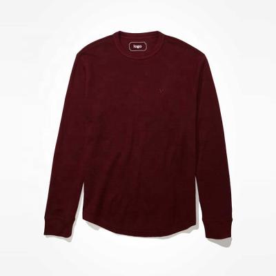 China Custom Wholesale Anti-Wrinkle Casual T-shirt Cotton Polyester Blend Waffle Knitted Burgundy Long Sleeve Plain T Shirt for sale