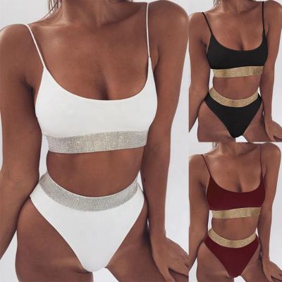 China 2022 Breathable Color Diamond High Quality Two Piece Bikini Beach Wear Stitching High Waist Swimsuit Women Sport Fitness Swimwear for sale