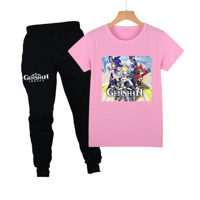 China Genshin casual impact printed boy girl summer T-shirt harem pants kids outdoor two-piece clothes for sale