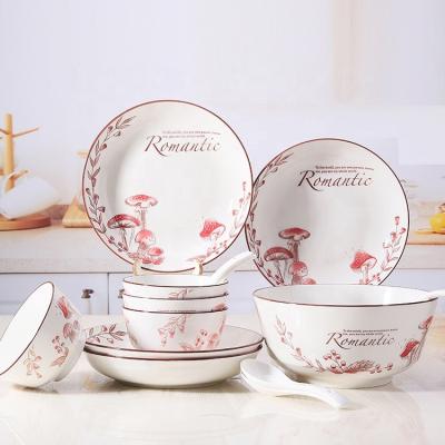 China Christmas Sustainable Nordic Ceramic Tableware Set Ceramic Dishes And Bowls Set With Cartoon Mushroom Printing for sale