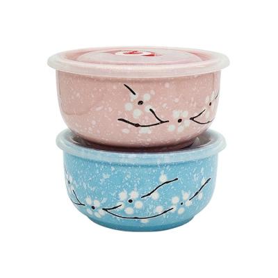 China Viable custom logo pattern size color printing decal under glazed craft portable ceramic fresh-keeping bowl with plastic cover lid for sale