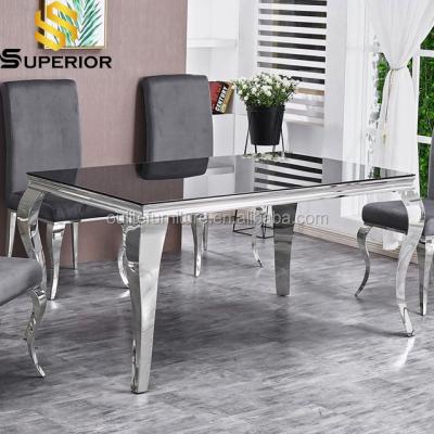 China Adjustable Silver Designs Black (Other) Glass Dining Table And 6 Chairs Set Rectangle Shape for sale