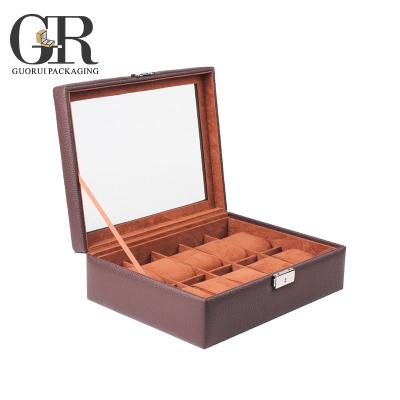 China Guorui Luxury Wooden Watch Box Display Storage Bag With Double Drawer Leather Valet Watch Box Case Storage Box for sale