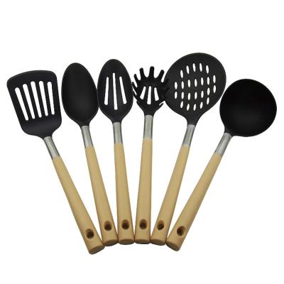 China Hot Selling Viable Amazon LFGB Approved Wooden Handle Kitchen Accessories Nylon Utensils Set With Spoon Turner Spatula for sale