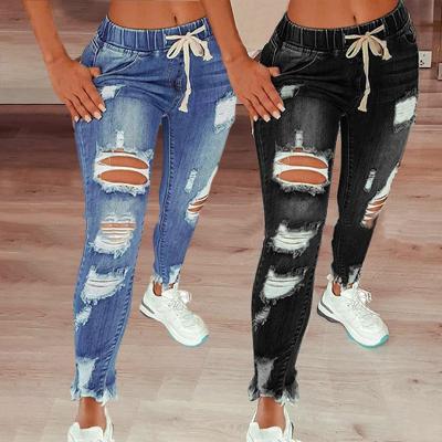 China Blue Ripped Ladies 2021 New QUICK DRY Women's Flare Jean Trousers Torn Hole Stretch Jeans For Women for sale