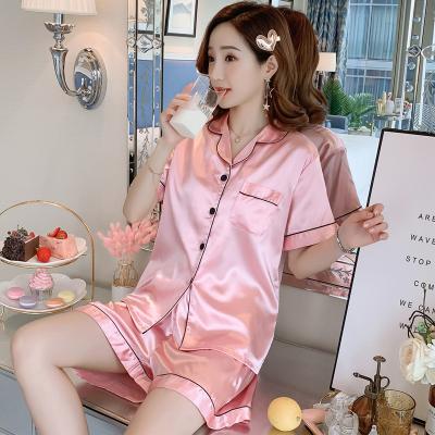 China Factory Custom QUICK DRY Pajamas Women's Short Sleeve Sleepwear Candy Color 2 Piece Satin Pajamas Sets for sale