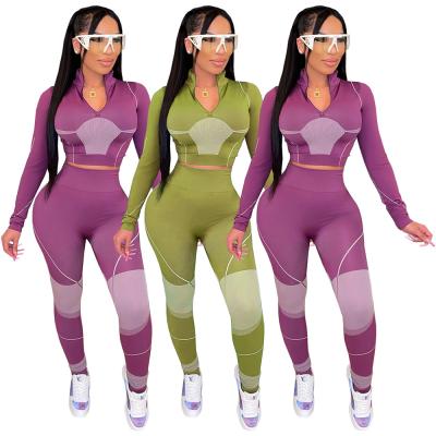 China 2021 Breathable New Autumn Print Sport Yogo Set Zipper Turtle Neck Crop Top 2 Piece Legging Set Casual Women Tracksuit for sale