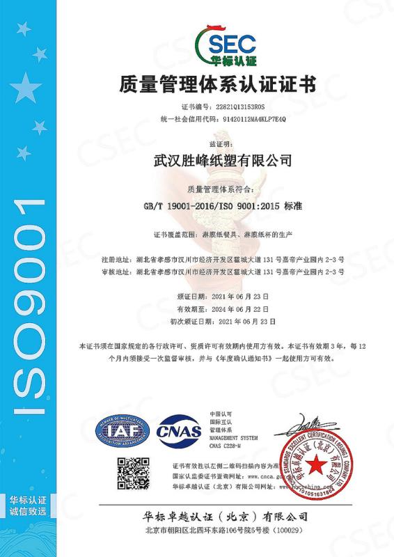 ISO9001 - Wuhan Shengfeng Paper & Plastic Co., Ltd.