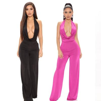 China Women's Wide Leg V Jumpsuit Casual Sexy Halter Neck Deep Waist Halter Dresses for sale