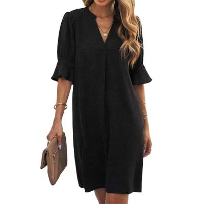 China New women's long dresses summer anti-static stitching loosely flared V-neck short-sleeved dress for sale