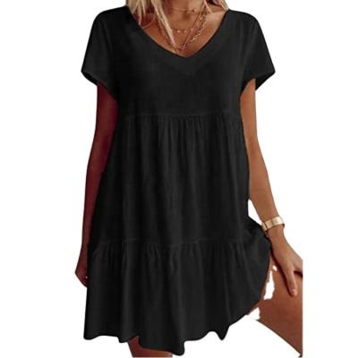 China New color summer short skirt women's loose simple dresses anti-static casual short V-neck ruched sleeve for sale