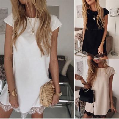 China Anti-Static Round Neck Solid Color Edge Lace Round Neck Summer Short Sleeve Loose Dress for sale