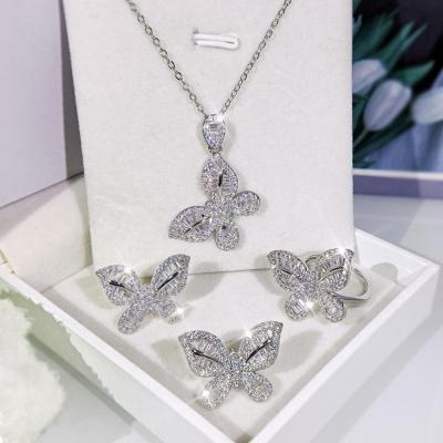 China 2021 TRENDY silver set Butterfly Necklace For Christmas Gift butterfly jewelry Princess Cut Zircon Crystal Necklace Ring Earrings Women for sale