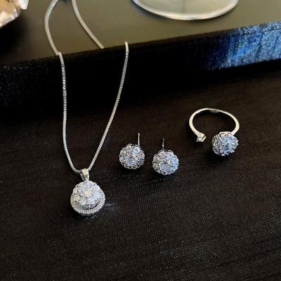 China FASHION Silver Plated Crystal CZ Zircon Jewelry Set Fashion Ratating Necklace Bridal Earrings Ring Conjuntos De Joyas for sale