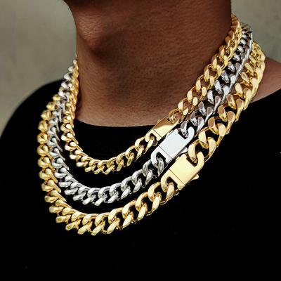 China Hiphop Wholesale 12mm Stainless Steel Cuban Necklace 18k Gold Plated Cuban Link Chain Necklace Men for sale