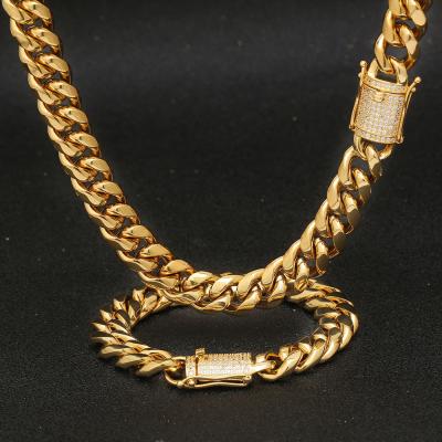 China Hot Sale 12mm Hiphop NUOYA Stainless Steel Mens Necklace 18k Miami Gold Plated Cuban Link Chain Necklace for sale