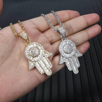 China Hot Sale Hiphop Hamsa Hand of Fatima Pendant Necklace Iced Crystal Diamond Palm Pendant for sale