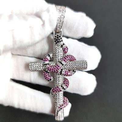 China Outlet Environmental Friendly Diamond Snake Cross Pendant Colored Zircon Iced Silver Plated Pendant Jewelry for sale