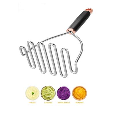 China Custom Stocked Logo Kitchen Tool Bean Masher Vegetable Fruit Stainless Steel Potato Grinder Silicone Black for sale