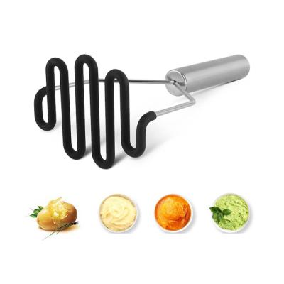 China Custom Stocked Logo Kitchen Tool Bean Masher Vegetable Fruit Stainless Steel Potato Grinder Silicone Black for sale