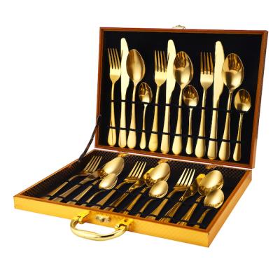 China Viable 24PCS Cutlery Set With Wooden Box Dining Gold Forged Stainless Steel Fork Spoon Knife Flatware Set for sale