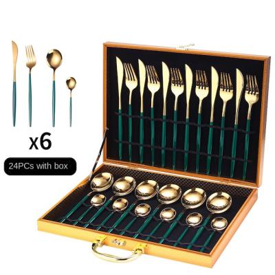 China Sustainable Silverware Set 24 Piece 6 Service With Box Gold Forged Stainless Steel Flatware Set for sale