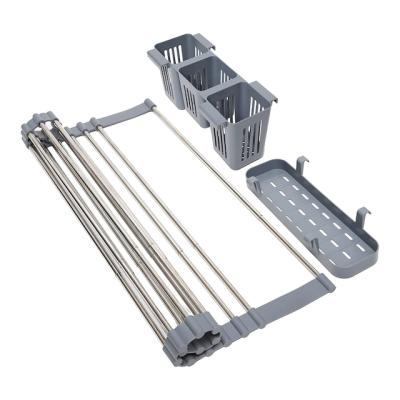 China Kitchen Stocked 23 Inch Stainless Steel Dish Drainer Foldable Storage Baskets 2 Stretch Roll Up Sink Rack for sale