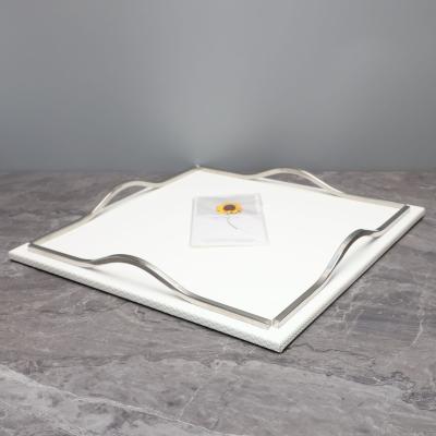 China Home decoration; Decorative tray; Tray High Grade Decorative Italian Modern White Leather Serving Tray Tray For Hotel Coffee Serving for sale