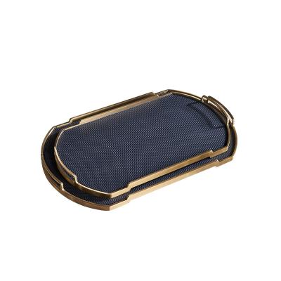 China Home decoration; Luxury Decorative Leather Tray Gold Tray For High Grade Home Hotel Decor Hotel Reception Serving Tray for sale