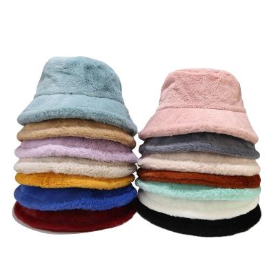 China Fashion Winter Wholesale Pure Color Rabbit Hair Fisherman Hat Faux Fur Simple Bucket Hat for sale