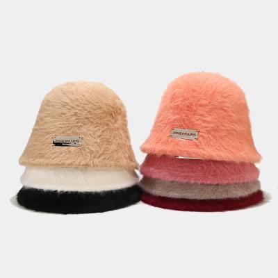 China Wholesale Custom Fashion Rabbit Hair Plain Color Fluffy Bucket Hat Unisex Winter Bucket Hats With Your Logo for sale