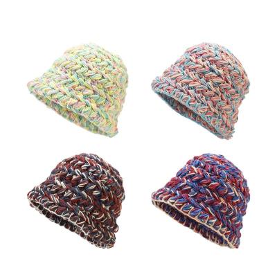 China Fashion Winter Hat Vintage Color Stick Mixed Thick Needle Hand Knitted Bucket Hat Thickened Warm Curved Basin Hat for sale