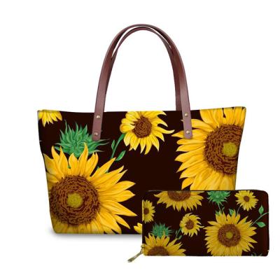 China Lightweight Ladies Shoulder Bags Women Sunflowers Printing Purses Wallet For Travel Bolsa Female 2pcs Set Top-handle Bags for sale