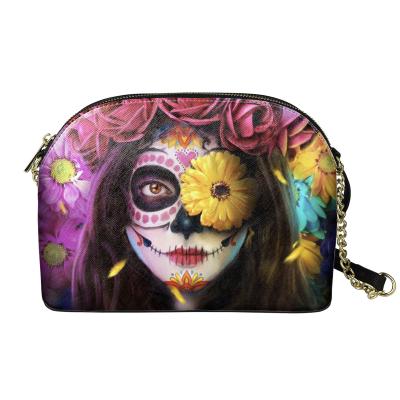 China New Design Light Chain Cross Body Customize Sugarskull Girl Art Image Mini Casual Bag Print PU Messenger Bag Women Shell Bag MOQ 1 for sale