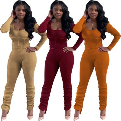 China Breathable 2021 New Arrival Knitted Crop Tops Stacked Pants Fall Winter Women Clothing Two Piece Set Clothes for sale