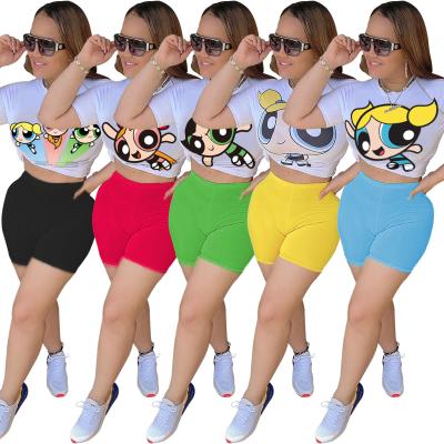 China 2021 Summer Women Breathable Clothing Cartoon Printing T-shirt And Shorts Two Piece Outfit 2 Piece Short Set for sale