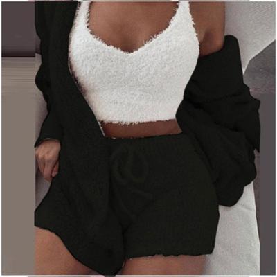 China Fashion Women Winter Sleepwear Breathable Pajama Sets Hooded Solid Plush Vest+Robe+Shorts Sleepwear 3PCS for sale