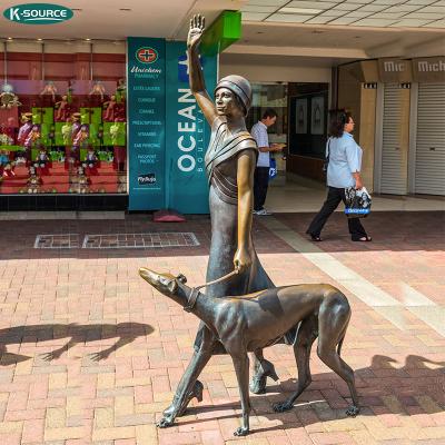 China China outdoor life size woman walking with dog woman and bronze dog statue for sale