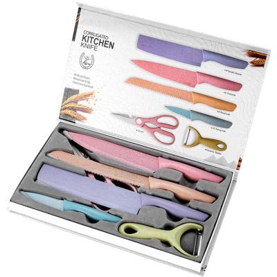 China Viable 6 Pieces Kitchen Knife Color Macaron Set Stainless Steel Household Kitchen Knife Straw Shank Chef Knife Set for sale