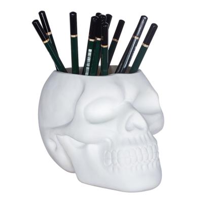 China Skeleton Creative Home Office Novelty Storage Halloween Prop PVC Skull White Pencil Pen Holder for sale