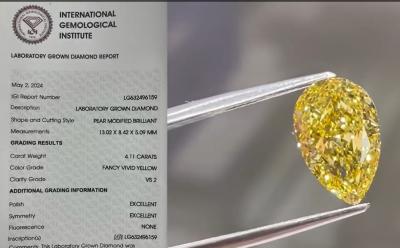 China 4CT CVD Yellow Lab Grown Diamond Pear Shape Fancy Vivid Yellow Diamond Rings Necklace for sale